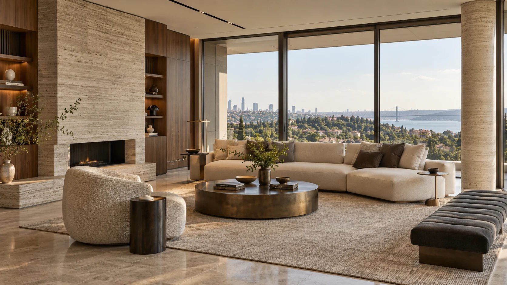Doğal taş ve ceviz detaylarıyla premium salon renovasyonu konsepti